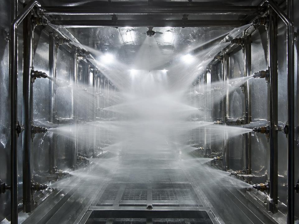 Hot water jets cleaning the inside of a trash cart inside the service van